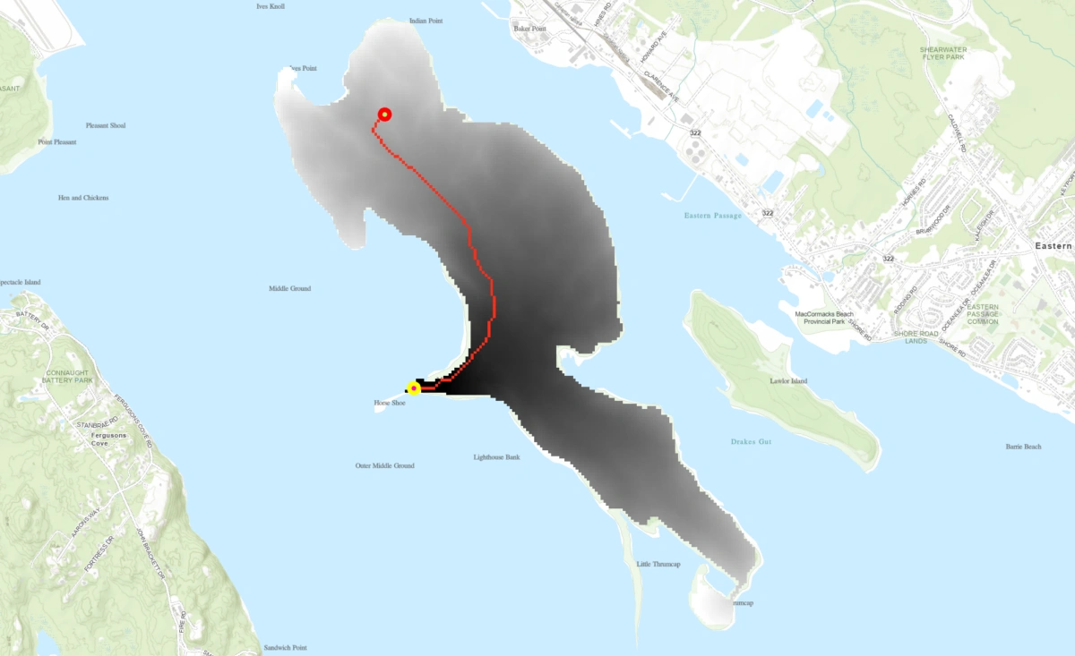 Cumulative cost surface from start to stop
