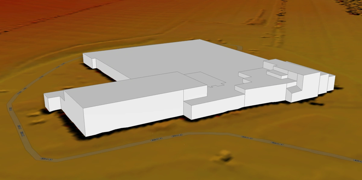 Overview of Lawrencetown with vectorized buildings in 3D