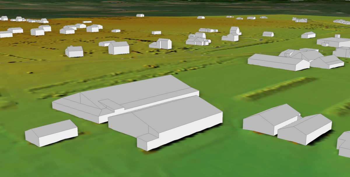 Overview of Lawrencetown with vectorized buildings in 3D